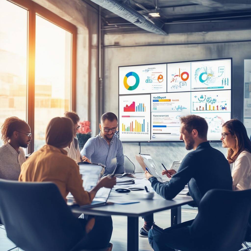 The image depicts a modern office environment where a diverse sales team is engaged in a collaborative meeting